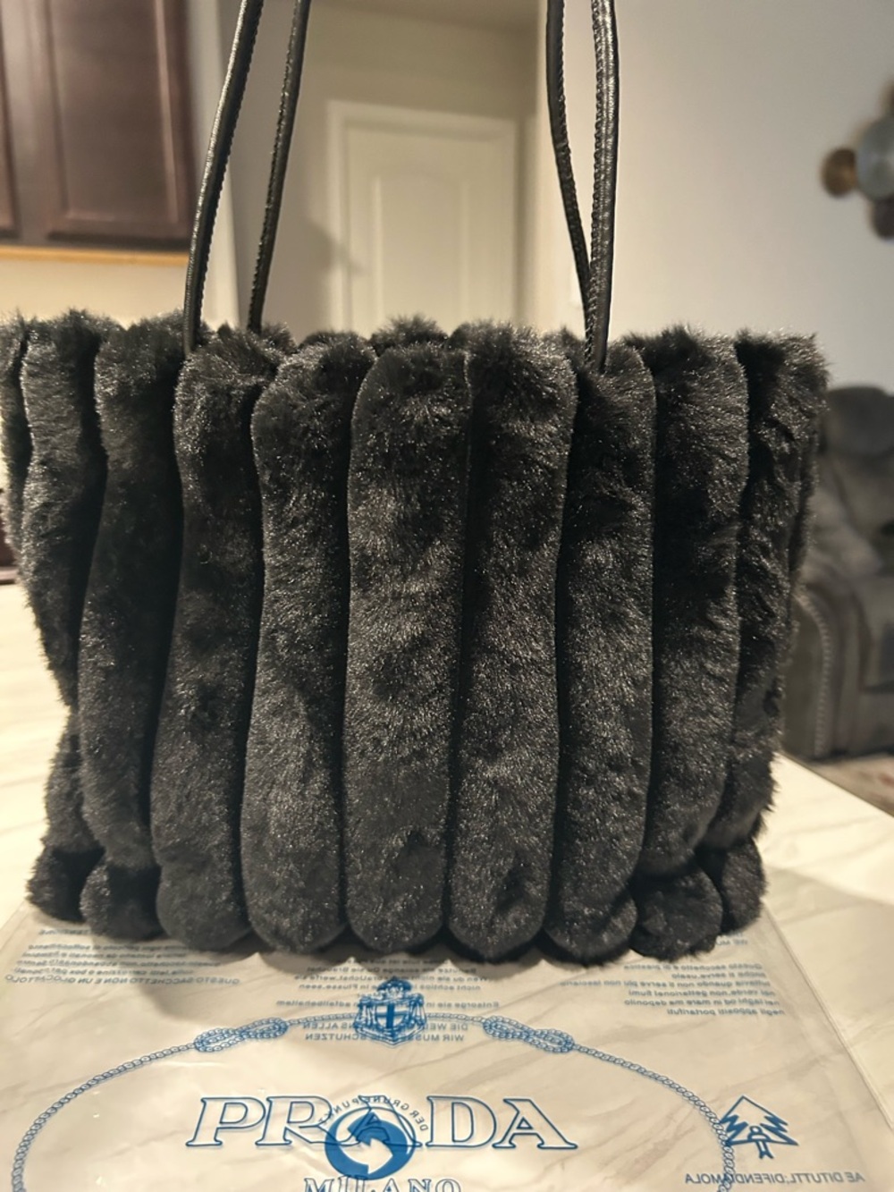 Prada VIP GWP Black Faux Fur Vertical-Rib Tote with Logo Plaque - Picture 3 of 8